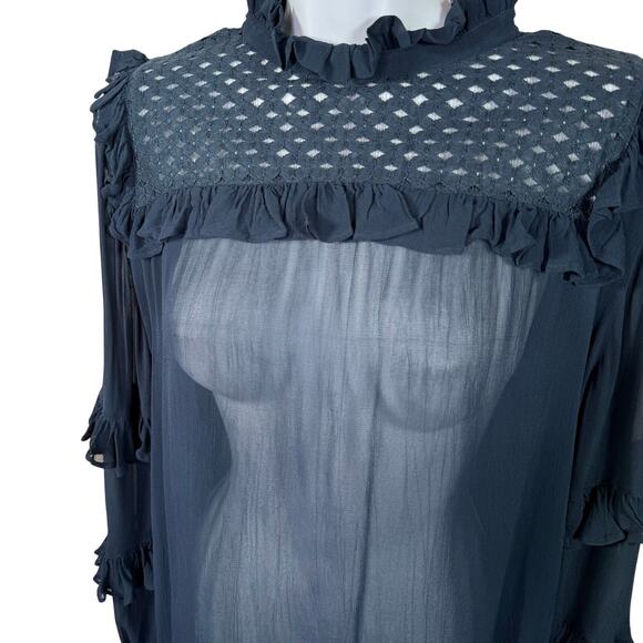 Munthe Blue Sheer Lace Ruffle Collar and Sleeve Top 6 - Picture 3 of 10